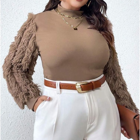 Cozy Plus Size Fuzzy Trim Mock Neck Tee Top Shirt Blouse - Picture 5 of 5